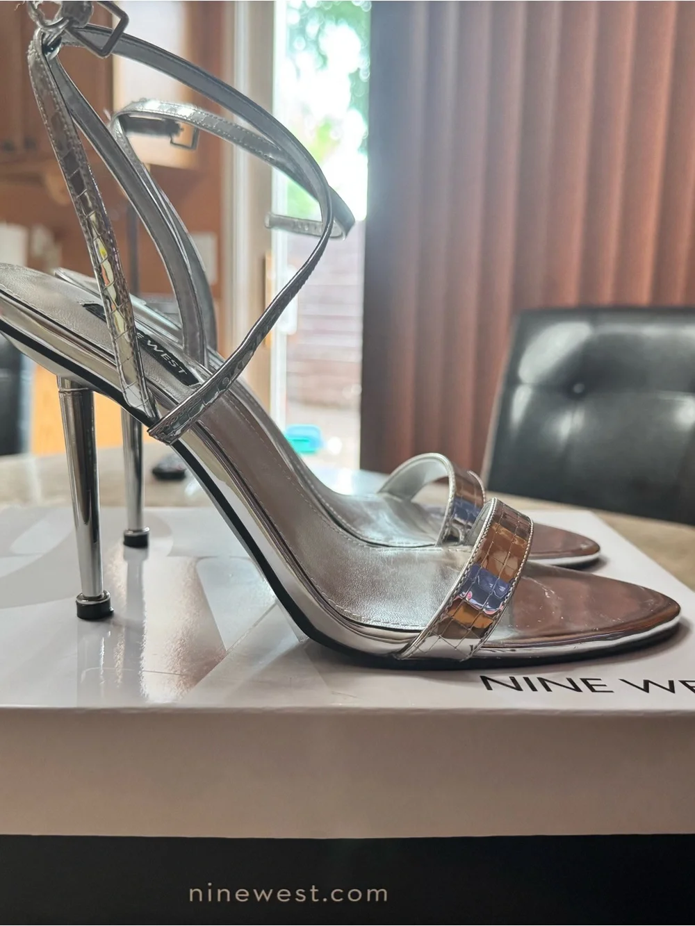 Nine West Reina Silver Ankle-Strap Stiletto Sandals. Only worn ONCE.